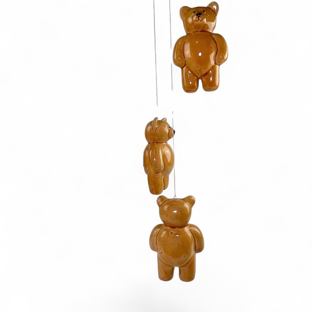 Vintage Jan‎ Ceramic Teddy Bear Hanging Mobile Wind Chime Brown Glossy 3 Figures